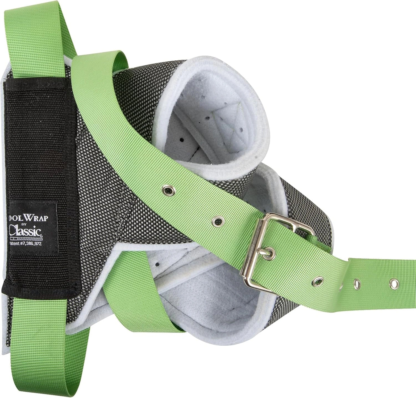 Green equestrian bridle with black and gray padding on a white background