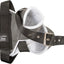 Black protective gear with straps and a white interior on a white background