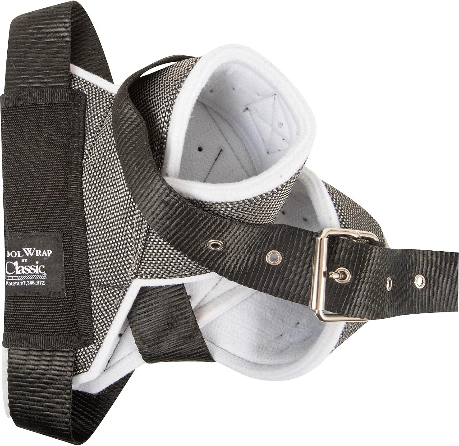 Black protective gear with straps and a white interior on a white background