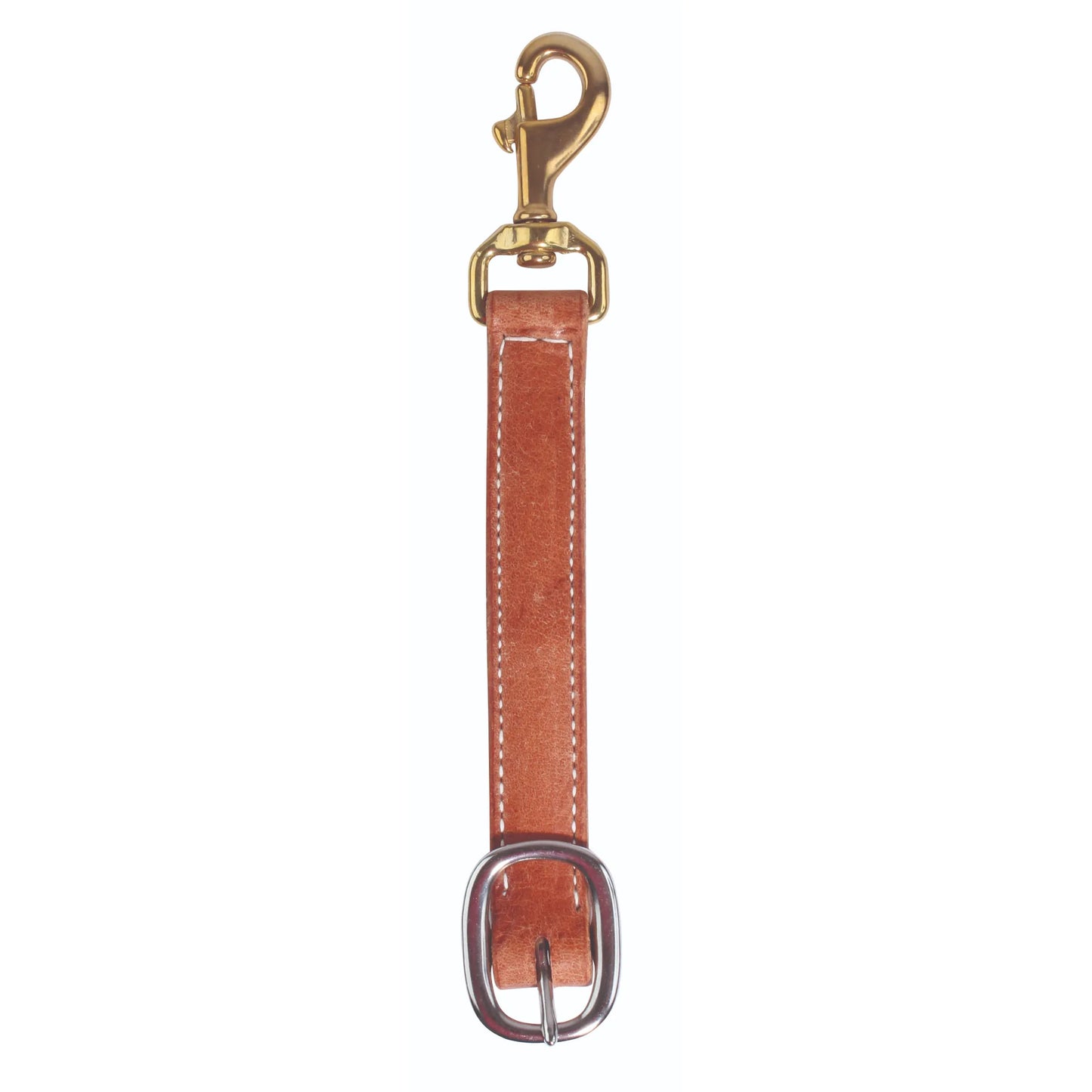 Hermann Oak Triple-Ply Leather Breast Collar Down Strap by Professional's Choice. This premium equestrian gear features high-quality chestnut leather with durable triple-ply construction and classic white contrast stitching. Designed for western tack, it includes a heavy-duty brass snap for secure attachment and a polished stainless steel buckle for easy adjustment. A rugged yet elegant horse equipment essential for securing your breast collar to the cinch.
