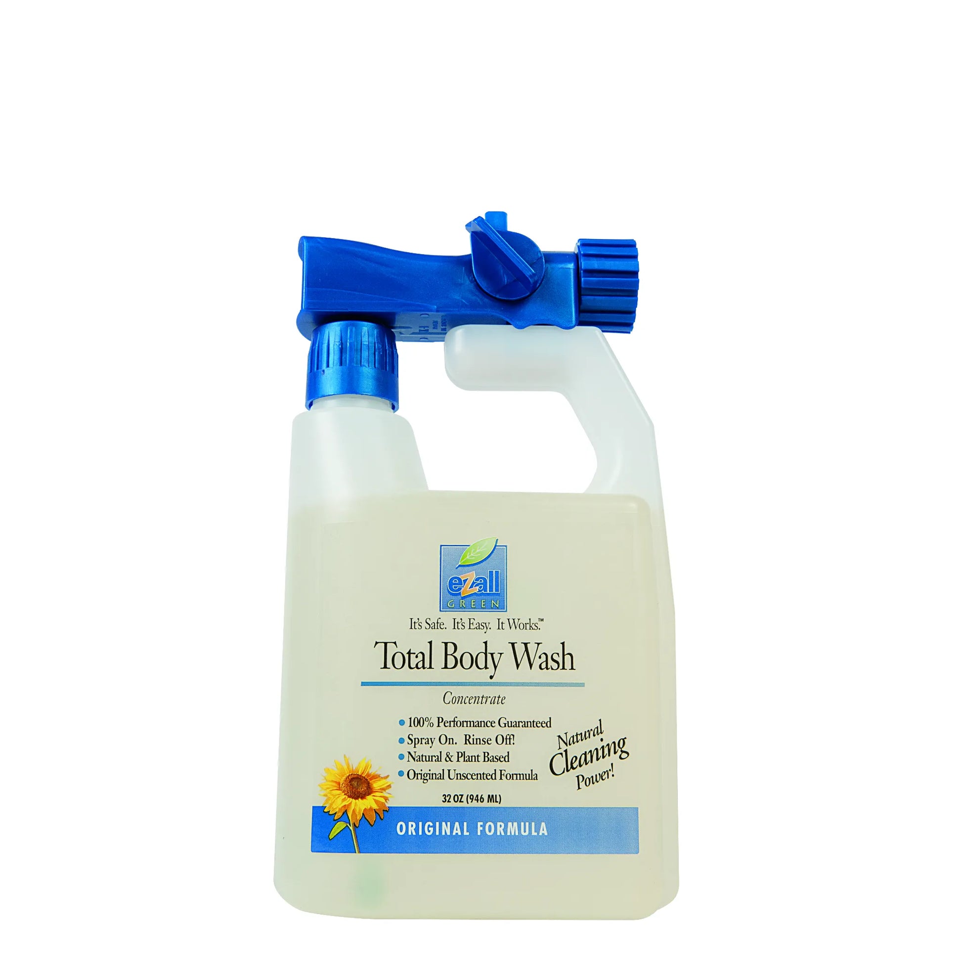 Hooves & Paws Total Body Wash by ezall GREEN, a 32 oz natural plant-based concentrate. This unscented, eco-friendly cleaner features a convenient blue hose-end sprayer for a "Spray On. Rinse Off!" application. Perfect for horse grooming and livestock care, the original formula is 100% performance guaranteed. Translucent bottle with a professional-grade sprayer for efficient deep cleaning and animal hygiene.