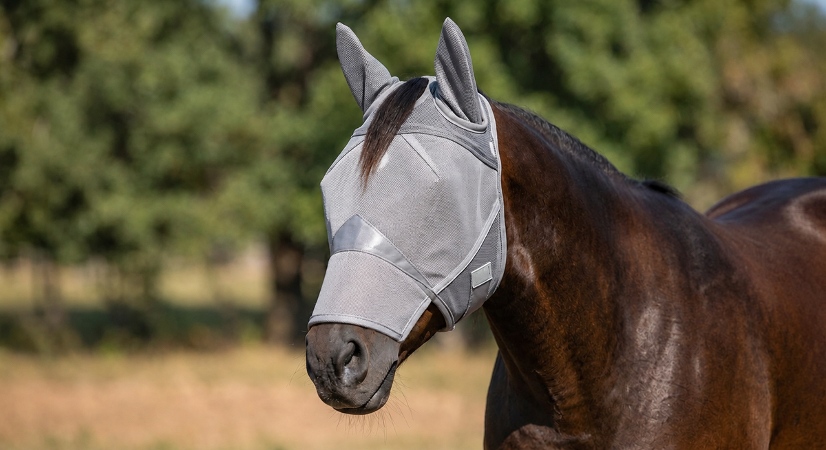AI illustration of the same bay horse wearing a long nose grey fly mask