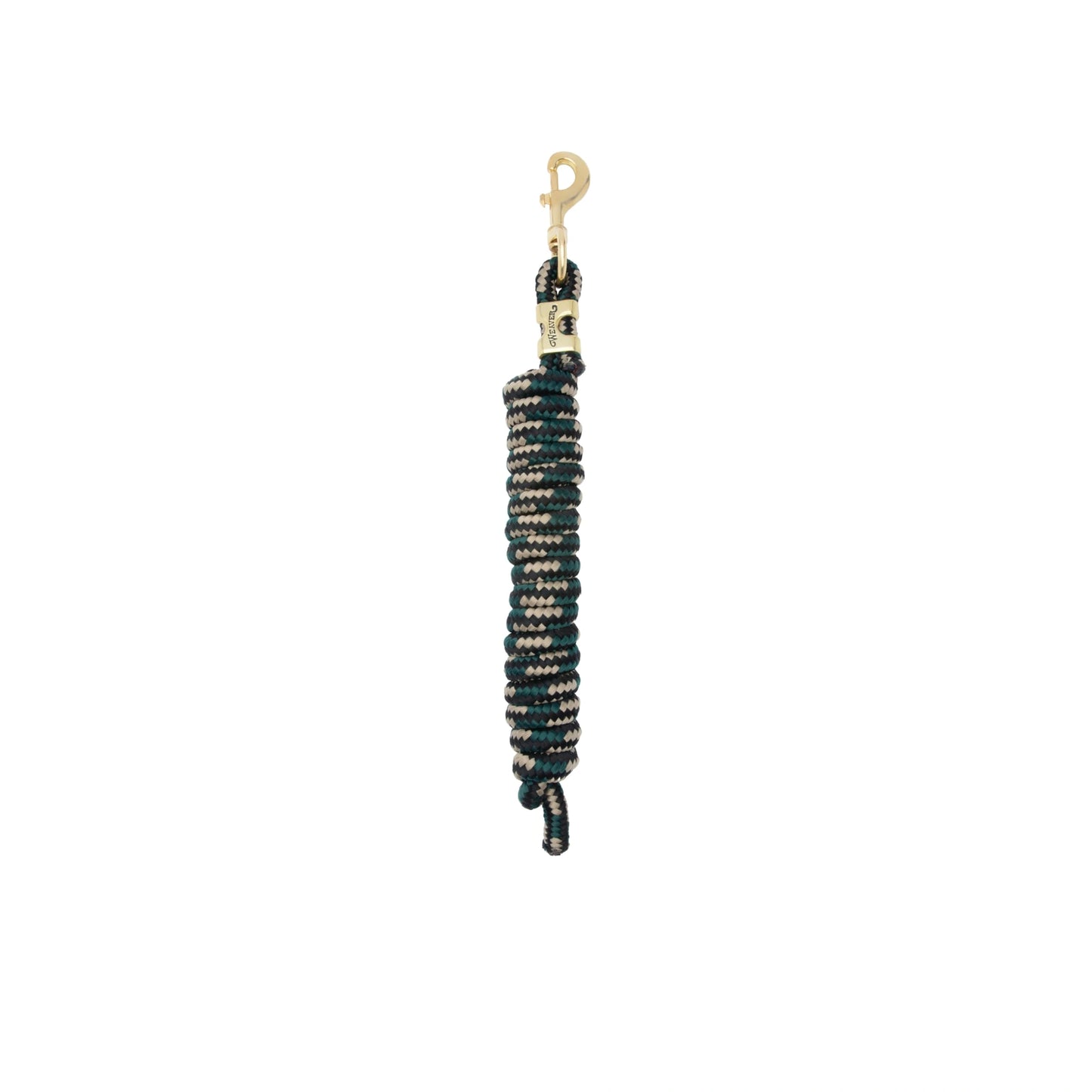 Coiled black and gold rope with a clip on a white background