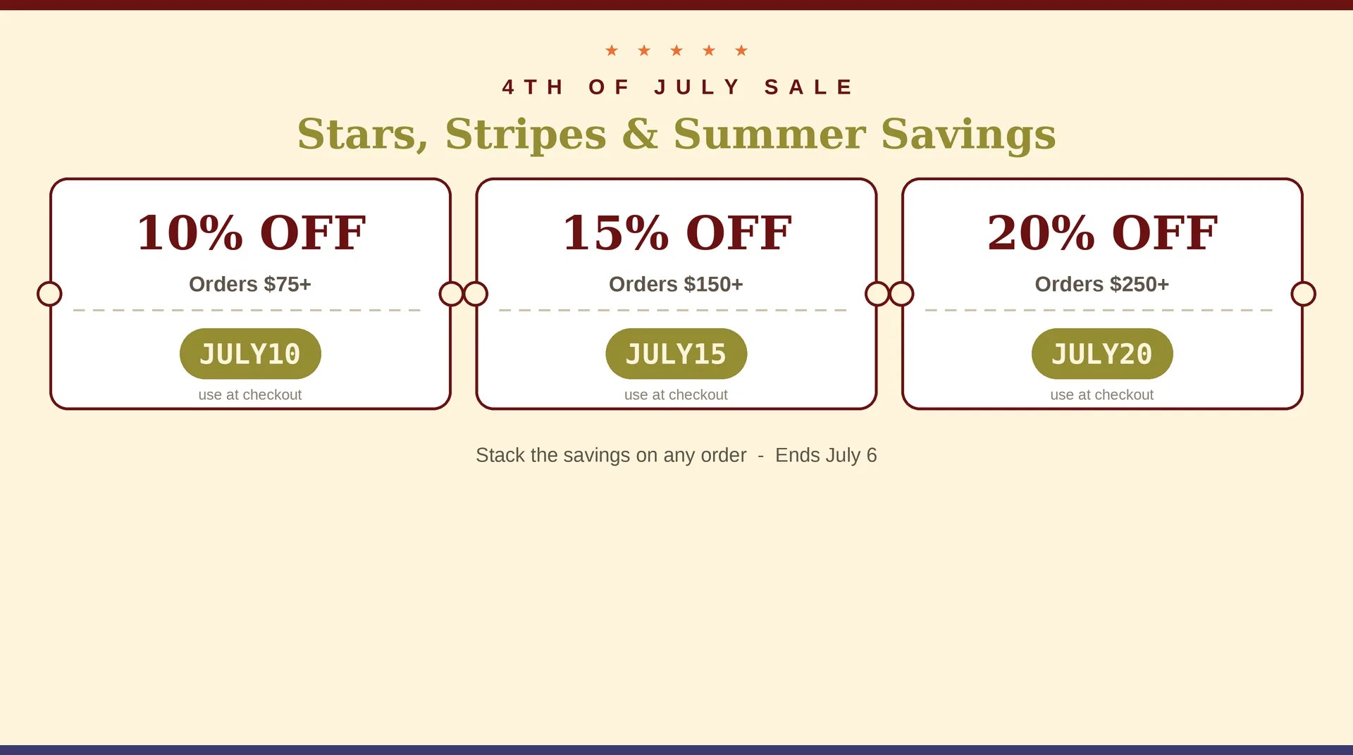 July 4th sale coupon codes JULY10 JULY15 JULY20