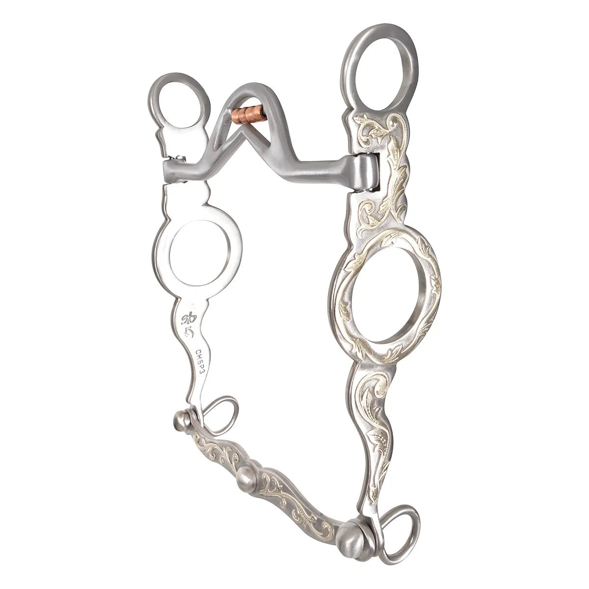 Premium Les Vogt Cowhorse Bit with 8-inch silver-engraved shanks featuring intricate floral filigree. This professional Western horse bit includes a 5-inch mouthpiece with a 1.5-inch port and integrated copper rollers for enhanced communication and sweetening. Made of durable stainless steel with swivel joints, it's designed for cow horse training and competition. Elegant and functional equestrian tack for refined performance and style.
