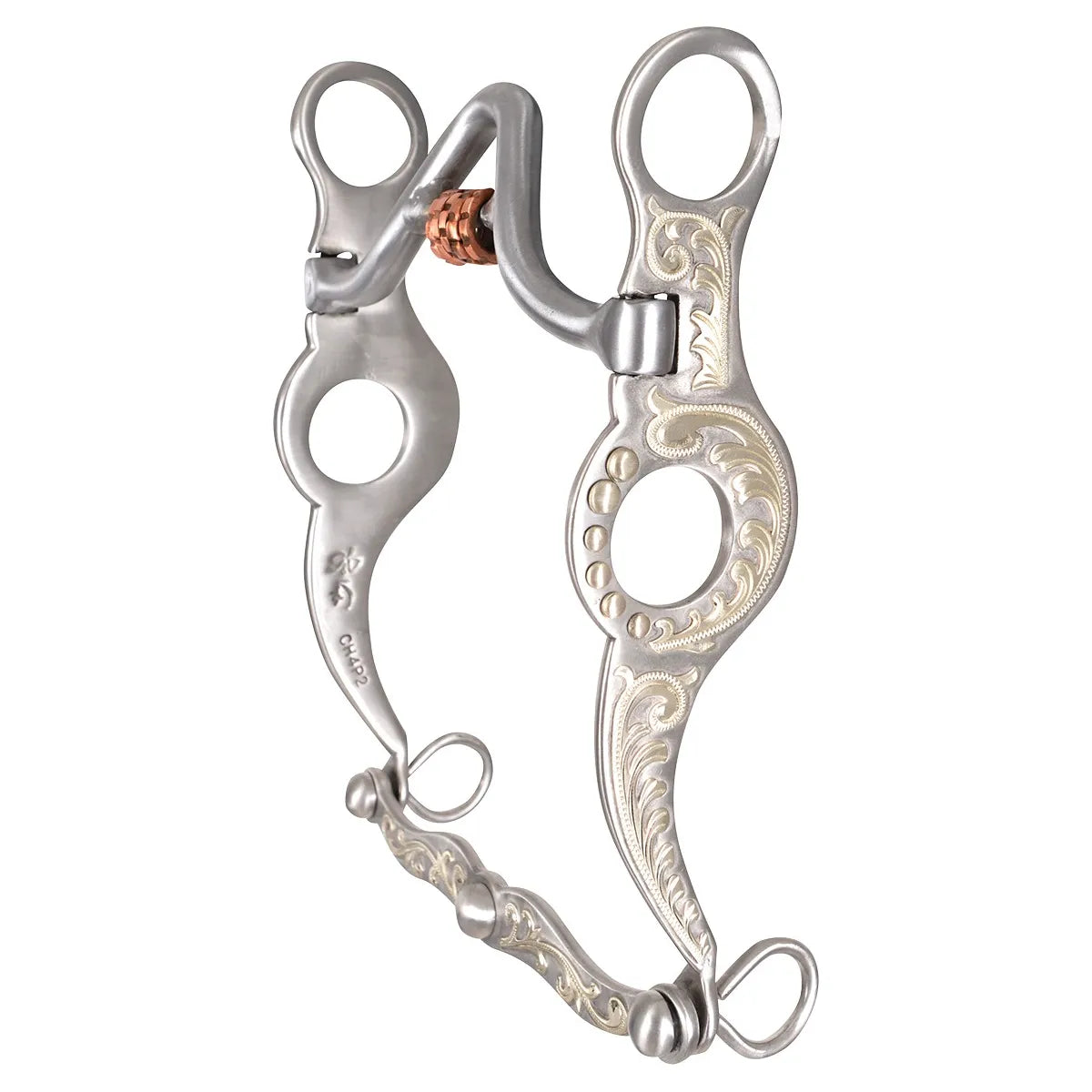 Les Vogt Cowhorse Bit featuring polished stainless steel and intricate floral engravings with gold accents. This professional western curb bit designed for sensitive horses has a medium-port mouthpiece and a copper roller to promote relaxation. Its elegant S-shaped shanks offer subtle communication and gentle control, making it a perfect show bit or high-end training tool for cow horse and performance disciplines.
