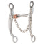 Les Vogt Cowhorse Collection Roper 3-piece western bit featuring brushed stainless steel shanks with intricate silver filigree engraving. This performance horse bit includes a three-piece mouthpiece with a central copper roller for enhanced communication and salivation. The curved shanks provide balanced leverage and control, complete with an attached curb chain and swivel cheeks. Ideal for roping, cow work, and advanced western training.