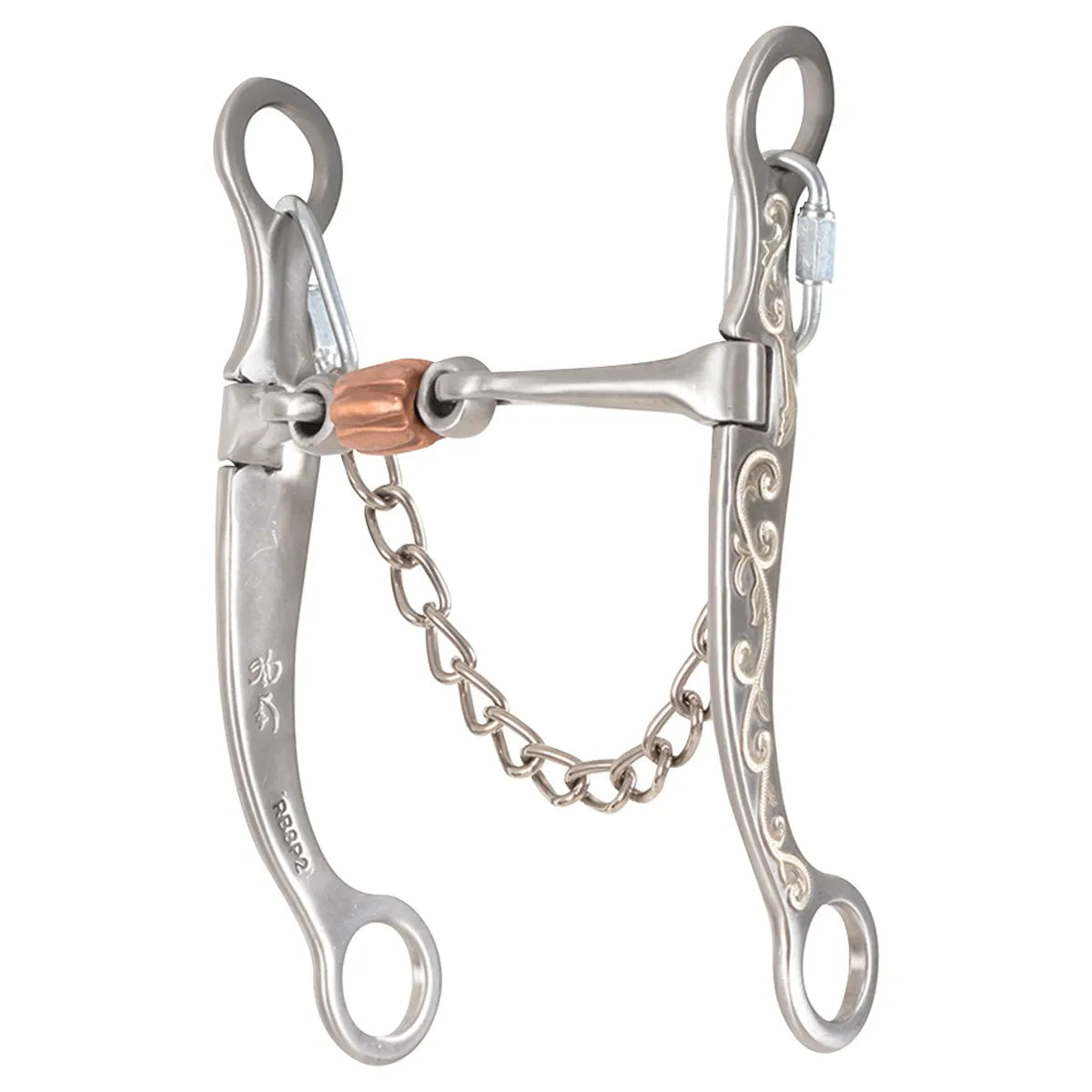 Les Vogt Cowhorse Collection Roper 3-piece western bit featuring brushed stainless steel shanks with intricate silver filigree engraving. This performance horse bit includes a three-piece mouthpiece with a central copper roller for enhanced communication and salivation. The curved shanks provide balanced leverage and control, complete with an attached curb chain and swivel cheeks. Ideal for roping, cow work, and advanced western training.