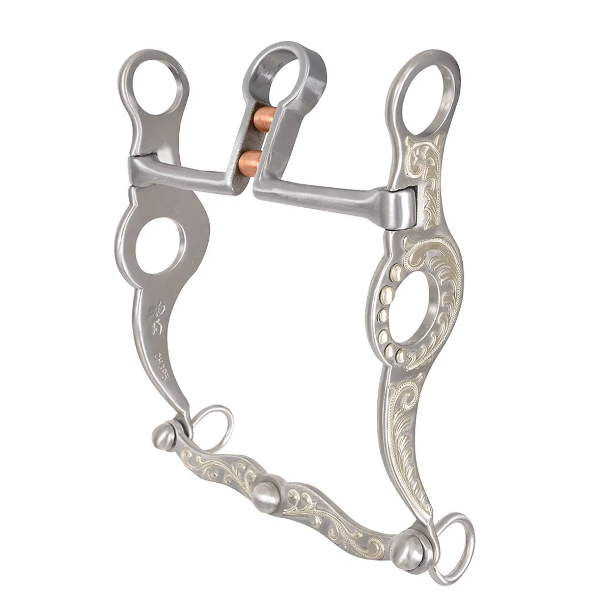 Premium Les Vogt Cowhorse Keyhole Double Roller Bit featuring intricate silver floral engravings on curved shanks and a decorative slobber bar. The high keyhole port contains two copper rollers designed for superior horse communication and comfort. A stylish and functional western horse bit crafted for reined cow horse events and performance training, perfect for riders seeking precision and elegance in equestrian tack.