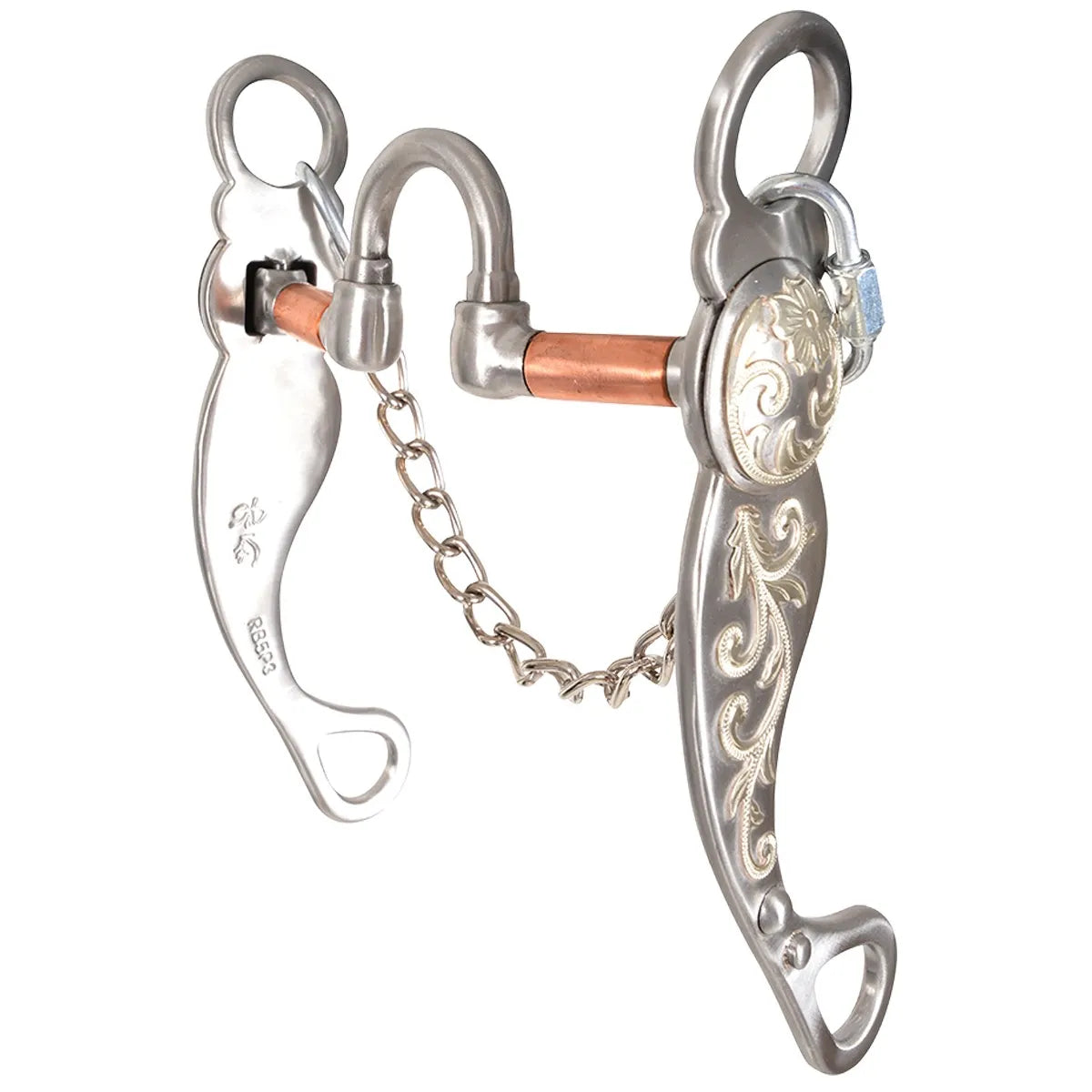 Les Vogt Roper Bit for superior horse control and performance. This professional-grade western bit features elegantly engraved floral shanks in stainless steel and a high-port mouthpiece with copper barrels to encourage salivation. Complete with a slobber chain, this stylish silver horse bit is ideal for western riding and roping disciplines where precision and responsiveness are essential.