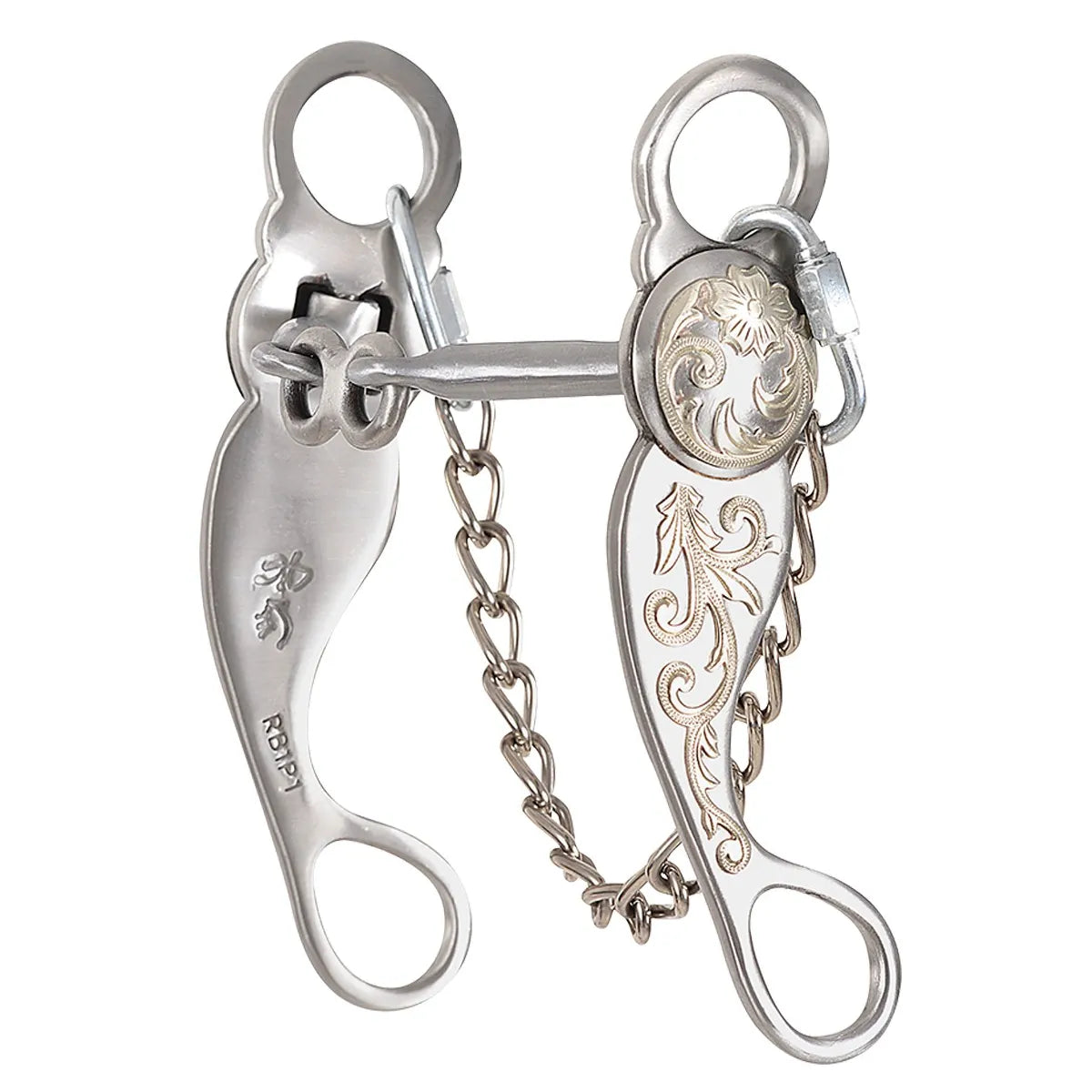 Les Vogt Roper Dogbone Snaffle Bit featuring elegant brushed stainless steel shanks with intricate floral silver engraving. This Western leverage bit includes a dogbone mouthpiece for clear communication and an attached curb chain for control. Perfect for roping and performance horses, it showcases professional craftsmanship with signature branding. A stylish and functional piece of equestrian tack designed for refined communication with your horse.