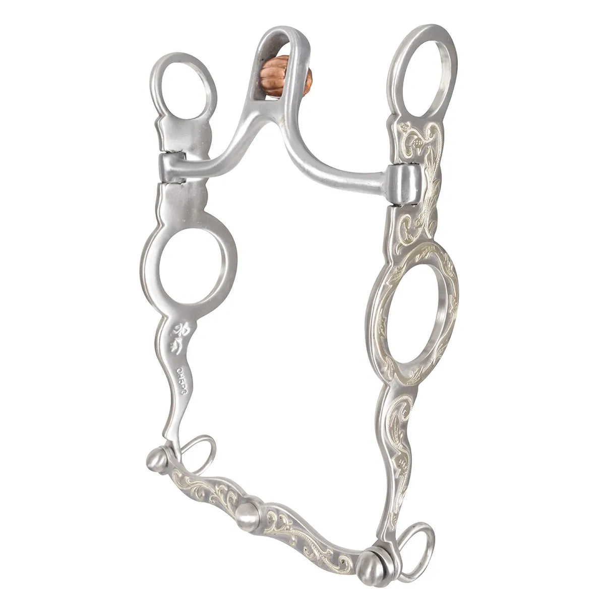 Les Vogt San Joaquin Port Bit for cowhorses, featuring silver stainless steel shanks with intricate engraved floral patterns. The high port mouthpiece includes a copper roller cricket for salivation and focus. High-quality Western performance bit designed for precision control and classic style in the show ring or training arena.