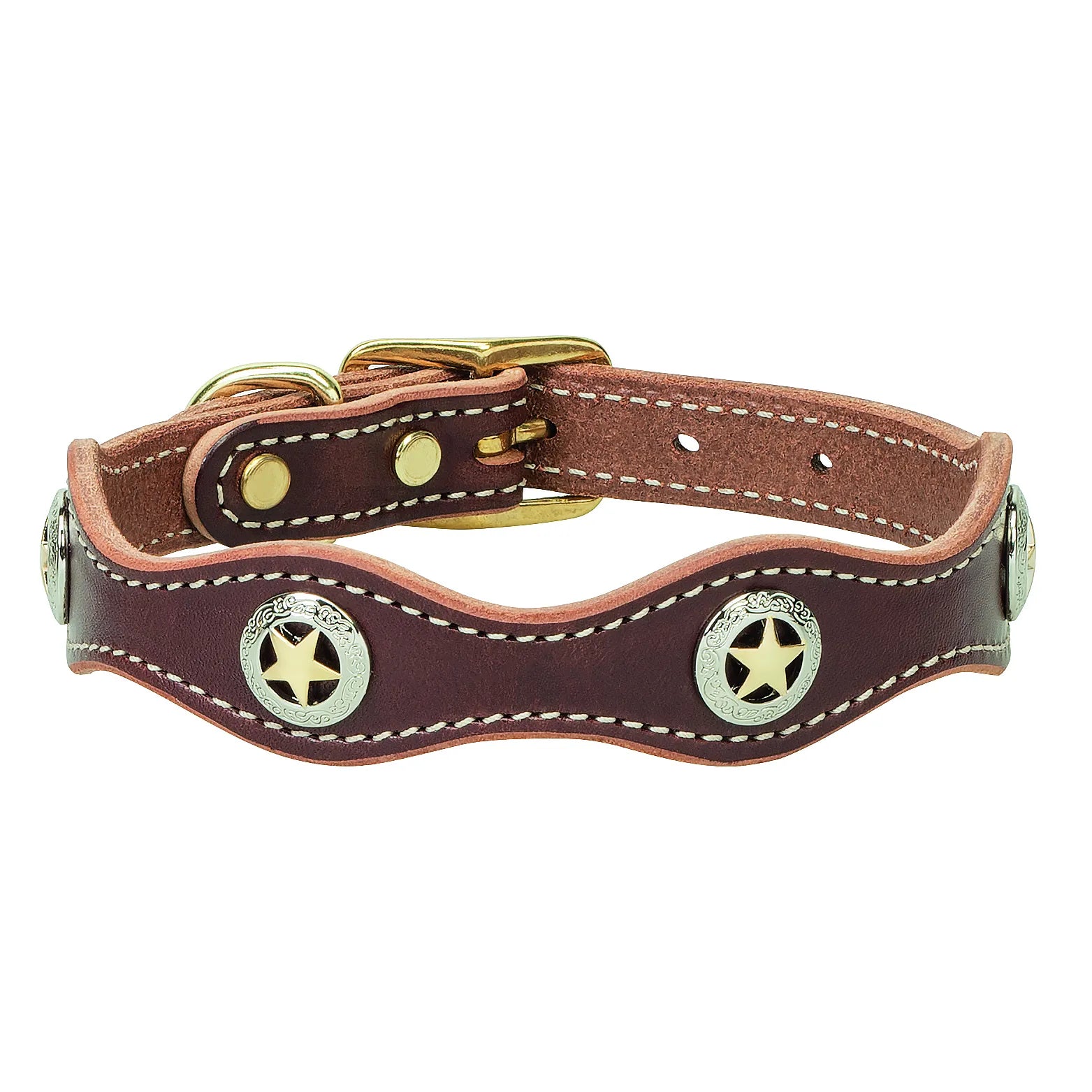 Lone Star Legend Sunset Collar crafted from premium dark burgundy leather with unique scalloped edges and white contrast stitching. This Western-style dog collar features ornate silver and gold star conchos and durable gold-toned buckle hardware. A stylish, handcrafted accessory for your pet, blending rugged durability with classic Texas-inspired design. Perfect for pet owners looking for designer, high-quality leather dog gear.