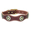 Lone Star Legend Sunset Collar: Premium dark brown leather dog collar featuring a distinctive scalloped shape and white contrast stitching. Adorned with ornate western-style silver and gold star conchos, this handcrafted accessory includes a durable brass buckle and D-ring. A rugged yet stylish choice for pet owners seeking a high-quality, western-themed leather collar for their dog.
