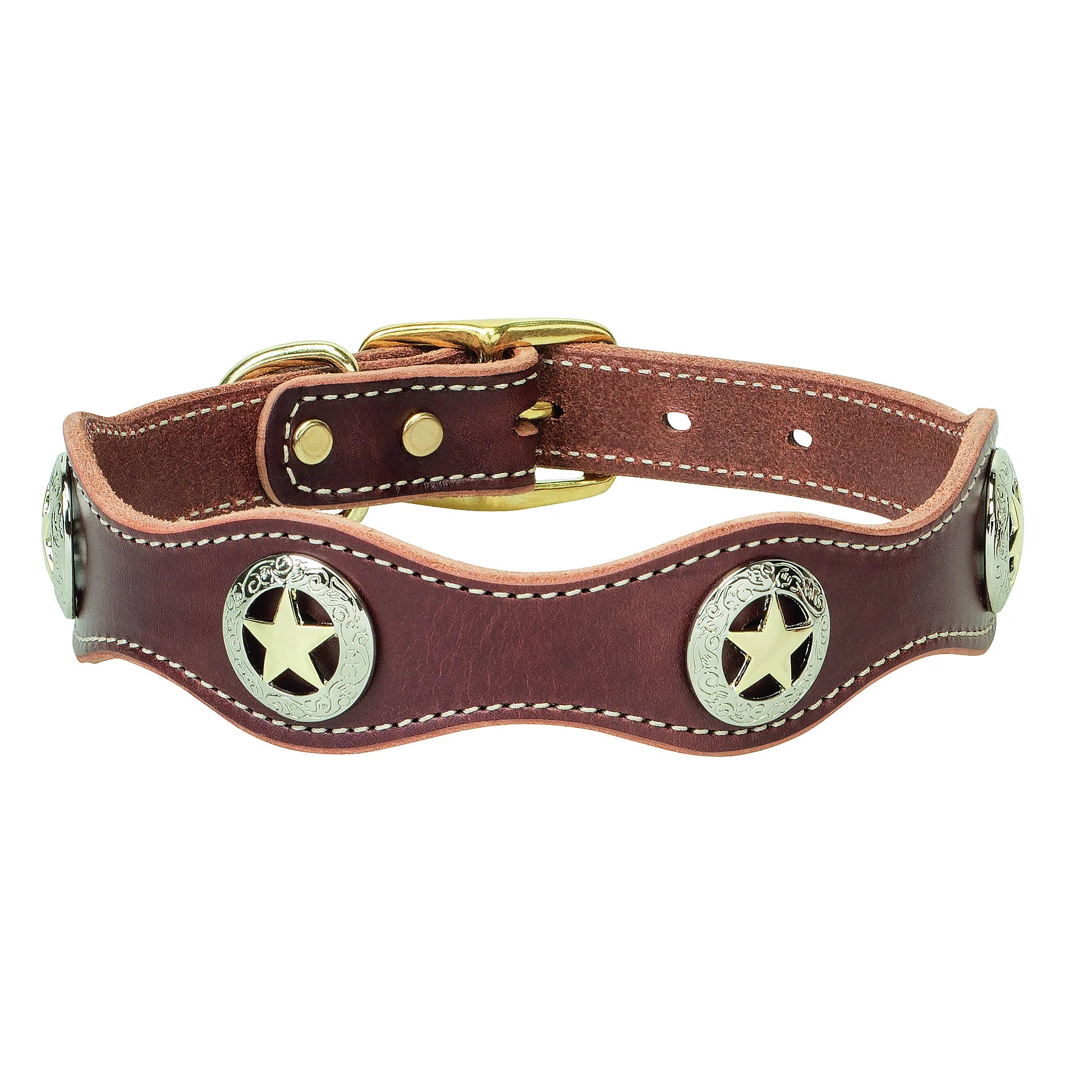 Lone Star Legend Sunset Collar: Premium dark brown leather dog collar featuring a distinctive scalloped shape and white contrast stitching. Adorned with ornate western-style silver and gold star conchos, this handcrafted accessory includes a durable brass buckle and D-ring. A rugged yet stylish choice for pet owners seeking a high-quality, western-themed leather collar for their dog.