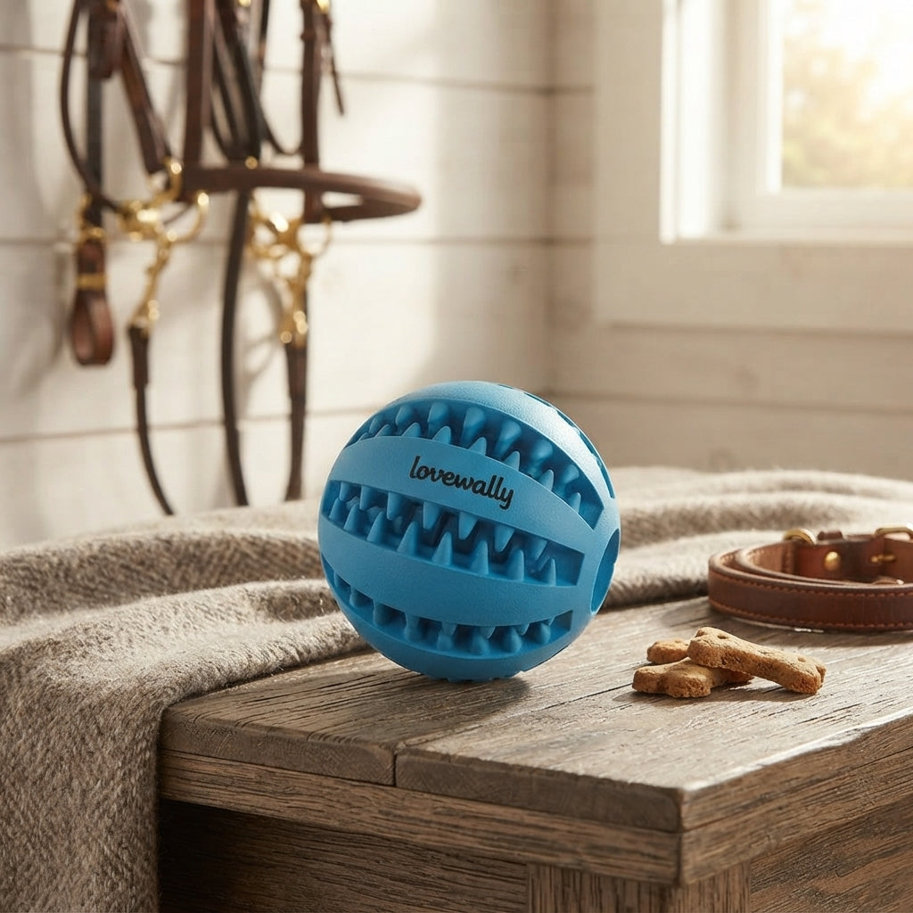 Lifestyle photo of Lovewally WallyBall Dog Toy - 2.8" - Durable Rubber Fetch, Treat Dispenser & Teething Toy for Puppies & Dogs