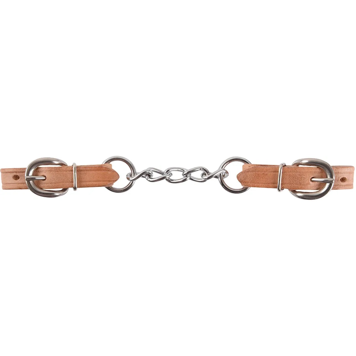 Martin 5-Link Harness Leather Curb Strap featuring durable natural tan leather and a sturdy 5-link stainless steel chain center. This high-quality Western horse tack includes adjustable stainless steel buckles on both ends for a precise fit. Perfect for riders seeking reliable bit control and classic equestrian style.