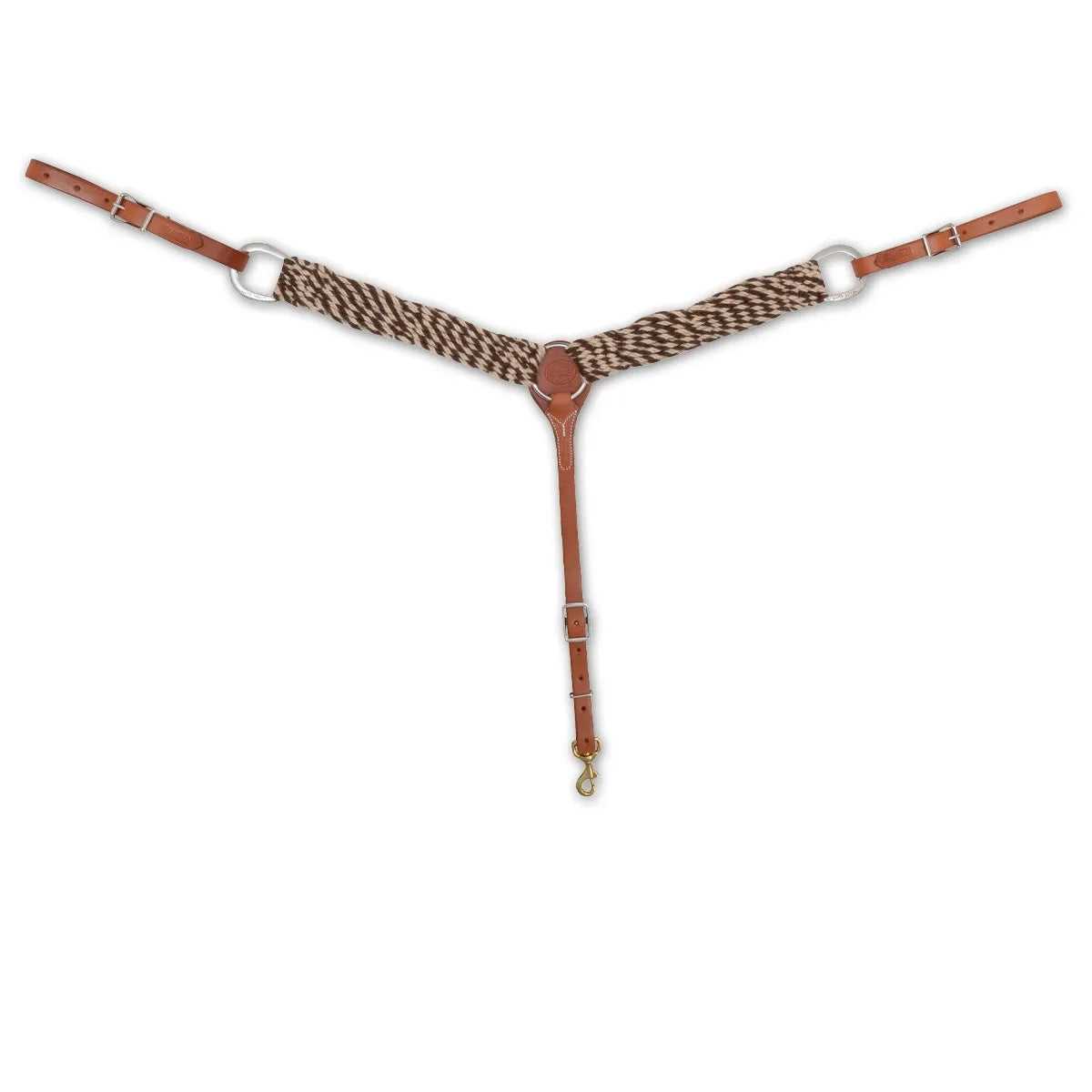 Martin Alpaca & Mohair Breast Collar - 2" wide. Premium Western horse tack featuring a natural and brown twisted rope design for breathability and comfort. Includes adjustable chestnut leather tugs, silver-tone buckles, a center leather shield, and a brass snap hook. High-quality equestrian gear perfect for trail riding or performance, combining traditional ranch style with durable functionality.