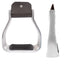 Martin Aluminum Extra Wide Horse Riding Stirrups with non-slip black rubber tread and a durable silver aluminum frame. This pair of Western stirrups features a dark brown leather top with a silver stud accent for a classic look. The extra-wide footbed provides maximum stability and comfort. Shown in front and side views, these high-quality stirrups are ideal for trail riding, ranch work, and equestrian enthusiasts seeking better balance and grip.