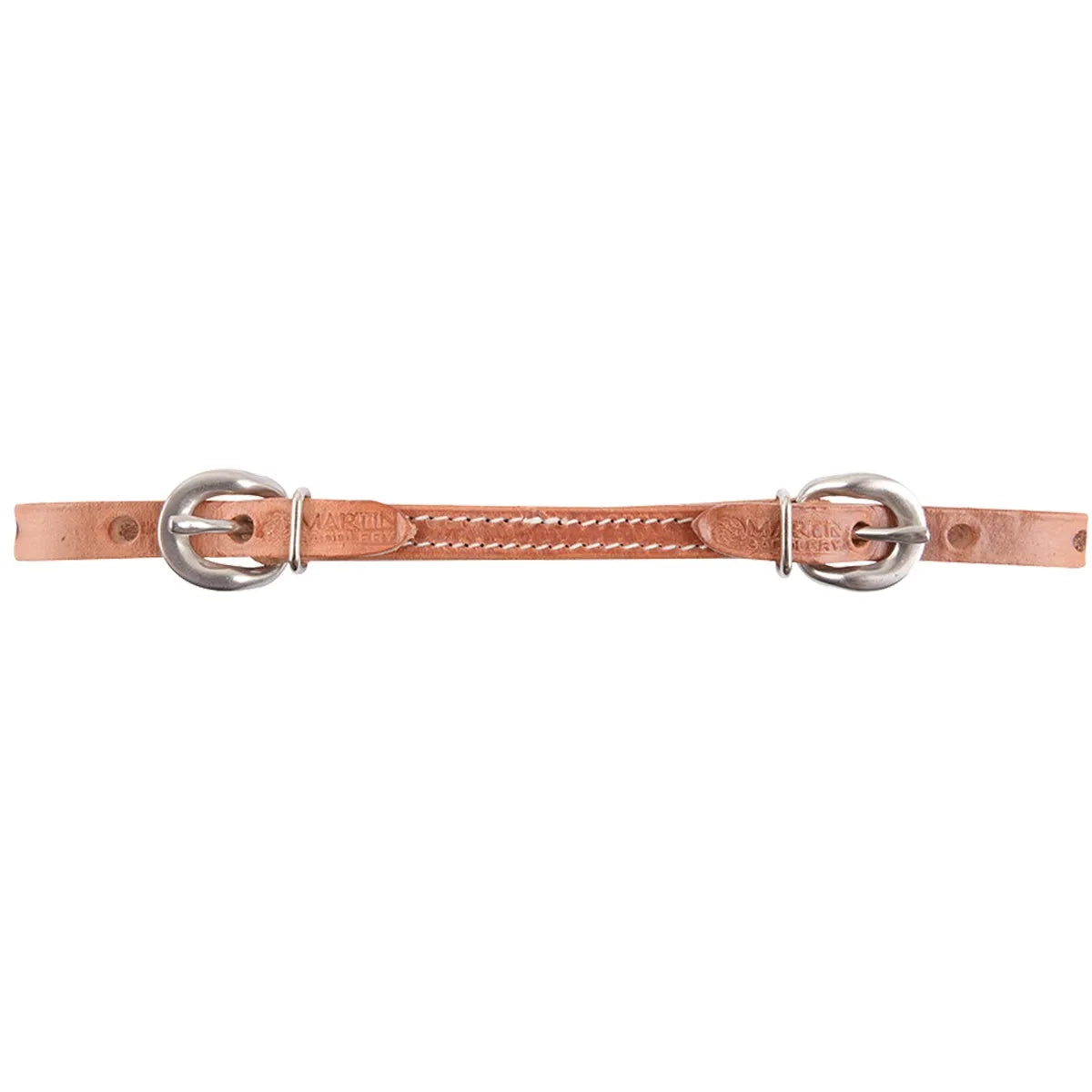 Martin Harness Leather Curb Strap with Stainless Steel Buckles featuring natural tan leather and durable double-stitched detailing. This western horse tack includes adjustable stainless steel hardware and embossed Martin Saddlery branding. Perfect for riders seeking quality equestrian gear, this leather curb strap provides precise control and a classic look for your horse's bridle.