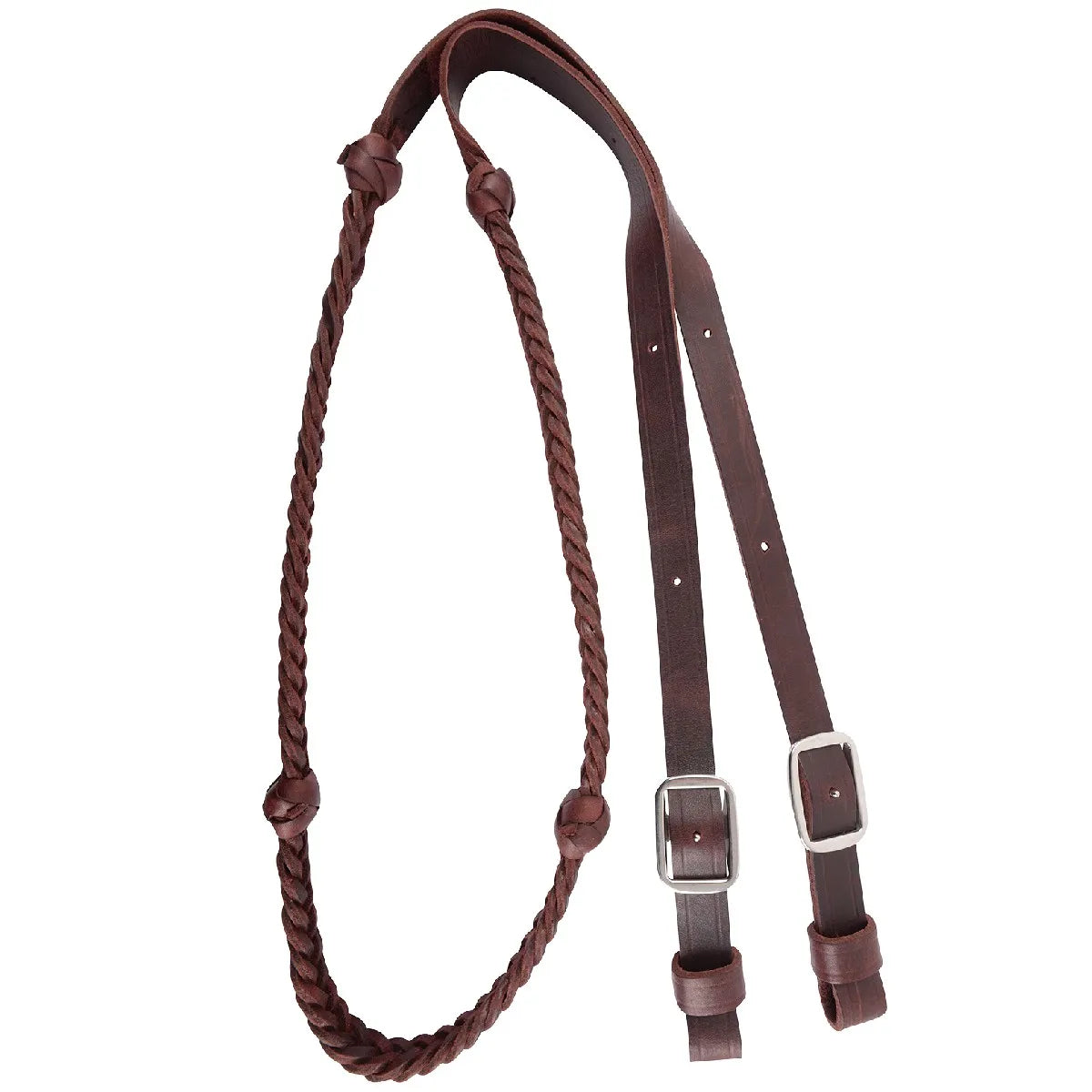 Martin Latigo 5-Plait Knotted Barrel Rein in rich dark brown leather. This premium 6.5 ft horse rein features a sturdy 5-plait braided design with four evenly spaced knots for superior grip and control. The adjustable flat leather ends come with durable silver buckles for easy bit attachment. High-quality professional equestrian tack ideal for barrel racing, roping, and horse training.