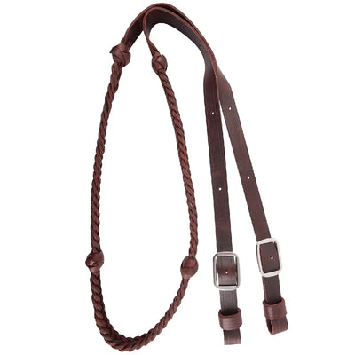Martin Latigo 5-Plait Knotted Barrel Rein in rich dark brown leather. This premium 6.5 ft horse rein features a sturdy 5-plait braided design with four evenly spaced knots for superior grip and control. The adjustable flat leather ends come with durable silver buckles for easy bit attachment. High-quality professional equestrian tack ideal for barrel racing, roping, and horse training.