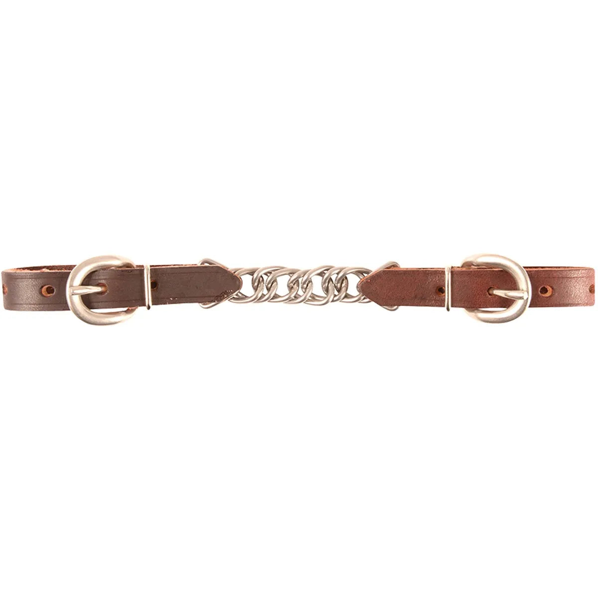 Martin Latigo Leather Curb Strap with a durable flat link silver chain and rich brown latigo leather. This adjustable horse tack accessory features two silver-toned buckles for a custom, secure fit on western bits. Designed for reliability and style, it is a high-quality equestrian essential perfect for training and performance riding.