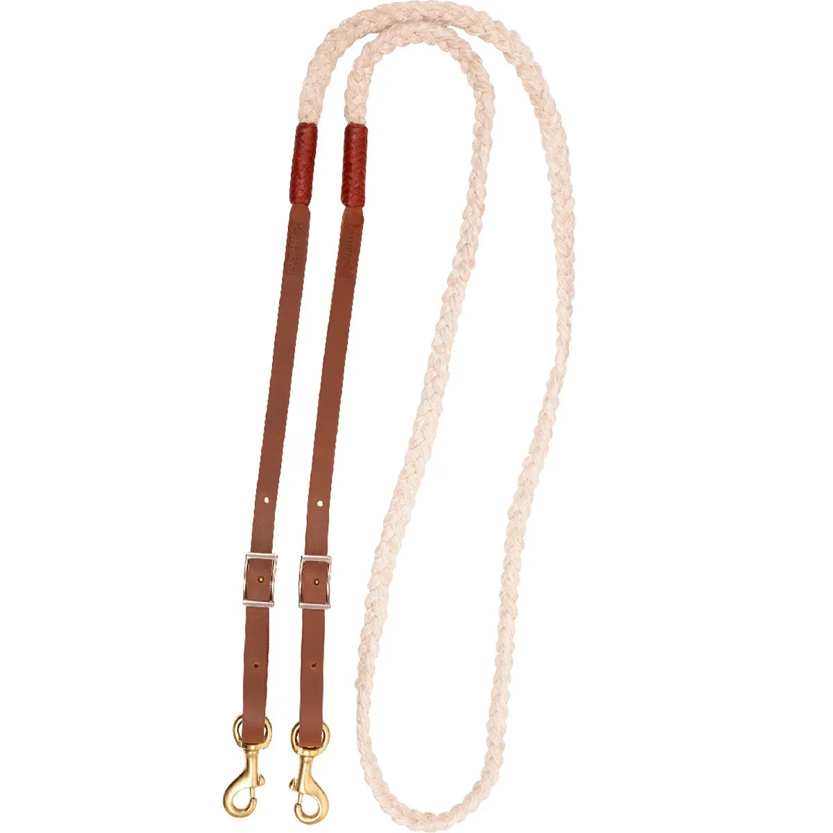 Martin Nylon Braided Roping Rein featuring a durable cream-colored braided rope paired with rich brown leather adjustable buckle ends. These high-quality western reins include brass swivel snaps for easy bit attachment, offering superior control and durability for roping, ranch work, or competition. A stylish and functional horse tack essential designed to enhance your performance and grip in the arena.