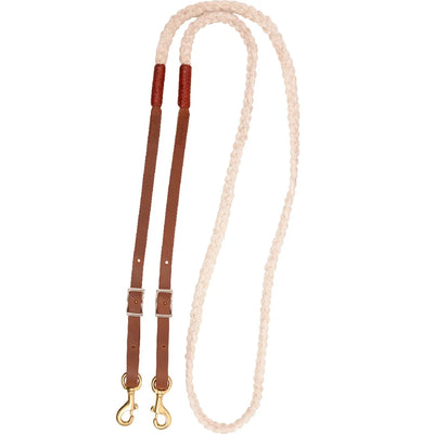 Martin Nylon Braided Roping Rein featuring a durable cream-colored braided rope paired with rich brown leather adjustable buckle ends. These high-quality western reins include brass swivel snaps for easy bit attachment, offering superior control and durability for roping, ranch work, or competition. A stylish and functional horse tack essential designed to enhance your performance and grip in the arena.