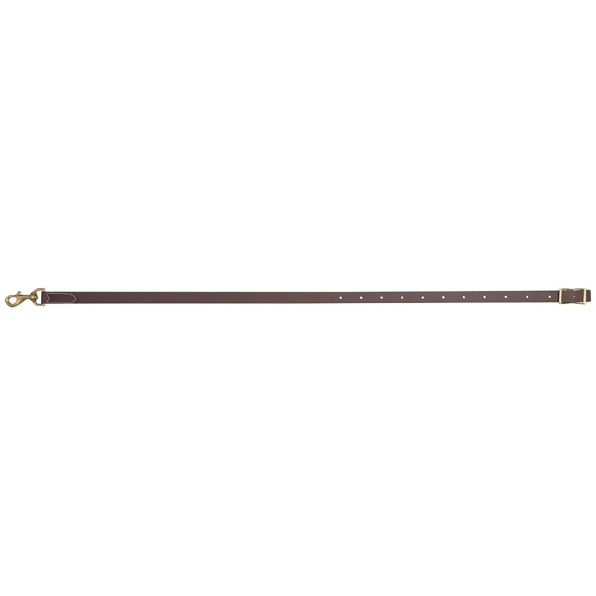 Martin Saddlery 0.75-inch Brown Biothane Tiedown Strap featuring durable, weatherproof synthetic material with the look of traditional leather. This equestrian essential includes solid brass hardware with a heavy-duty snap hook on one end and an adjustable buckle on the other. Multiple pre-punched holes allow for a precise fit. High-quality, low-maintenance horse tack designed for long-lasting performance in all weather conditions.
