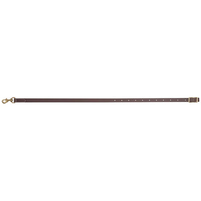 Martin Saddlery 0.75-inch Brown Biothane Tiedown Strap featuring durable, weatherproof synthetic material with the look of traditional leather. This equestrian essential includes solid brass hardware with a heavy-duty snap hook on one end and an adjustable buckle on the other. Multiple pre-punched holes allow for a precise fit. High-quality, low-maintenance horse tack designed for long-lasting performance in all weather conditions.
