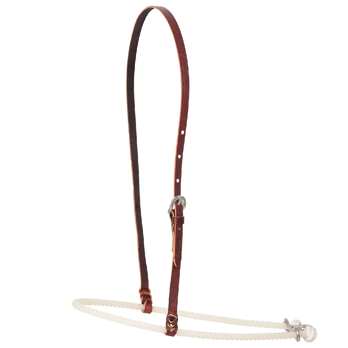Martin Saddlery 1/2" Tiedown Rope Noseband with an adjustable brown leather crown strap and silver buckle. The durable white braided rope noseband is designed for enhanced horse control and improved head positioning. A must-have piece of western horse tack for training and performance, providing reliable stability and communication for riders and equestrian professionals.