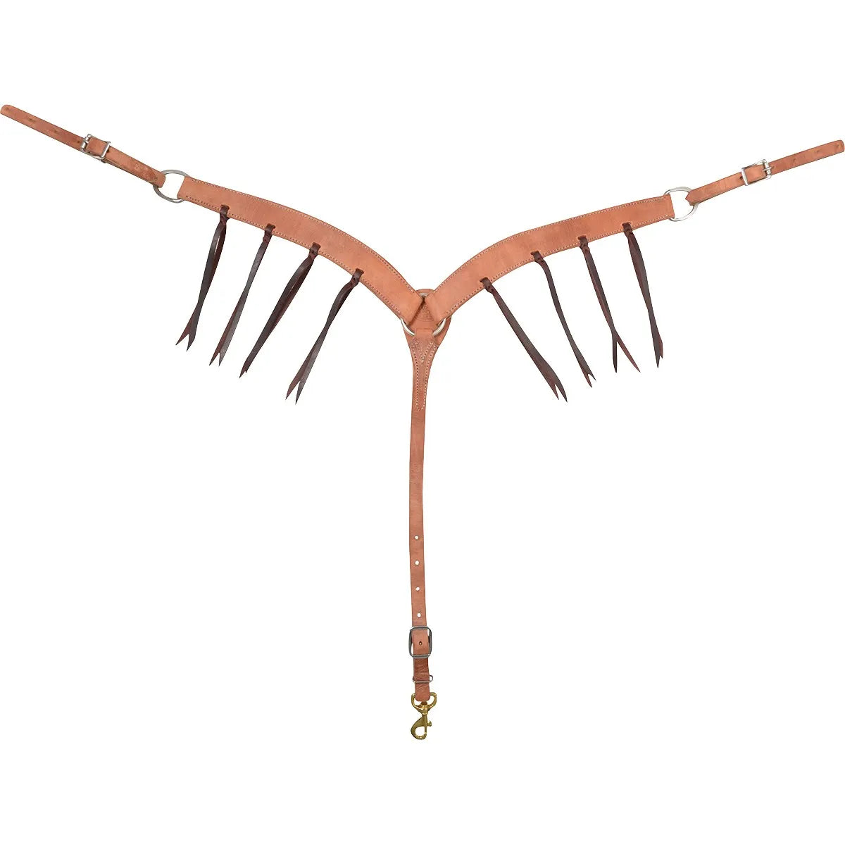 Martin Saddlery 1-3/4in Harness Leather Breast Collar with Blood Knots. This premium Western horse breast collar features durable light brown harness leather accented by decorative dark brown leather blood knots. Designed for a secure fit, it includes adjustable tug straps with stainless steel rings and a center strap with a brass snap hook. High-quality equestrian equipment perfect for ranch work, trail riding, or Western performance events.