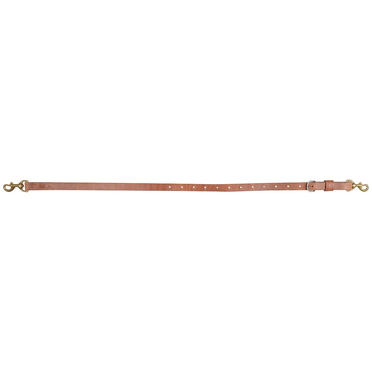 Martin Saddlery 1" heavy-duty harness leather tiedown strap for western horse tack. This russet brown leather strap features durable construction with reinforced stitching, solid brass swivel snaps on both ends for easy attachment, and an adjustable buckle with multiple holes for a custom fit. A premium quality equestrian accessory designed for strength and longevity, ideal for horse training, barrel racing, and performance events.