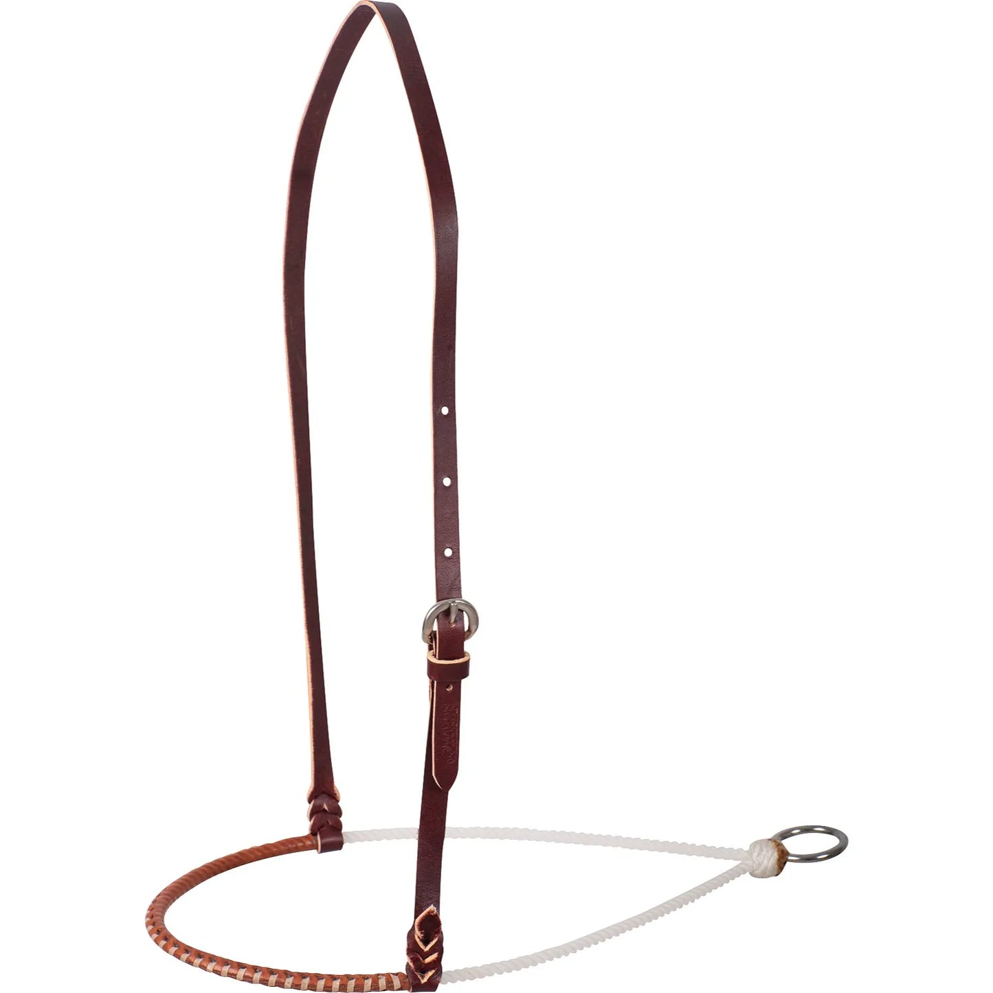 Martin Saddlery 3/16" Leather Covered Single Rope Noseband featuring a dark oil adjustable leather crownpiece with a silver-tone buckle. This high-quality western training tool combines a white rope base with a precision-braided brown leather-wrapped nose for balanced control and comfort. Designed for professional horse training and daily riding, it includes a durable metal ring for secure rein attachment, offering a classic look with performance-driven functionality.