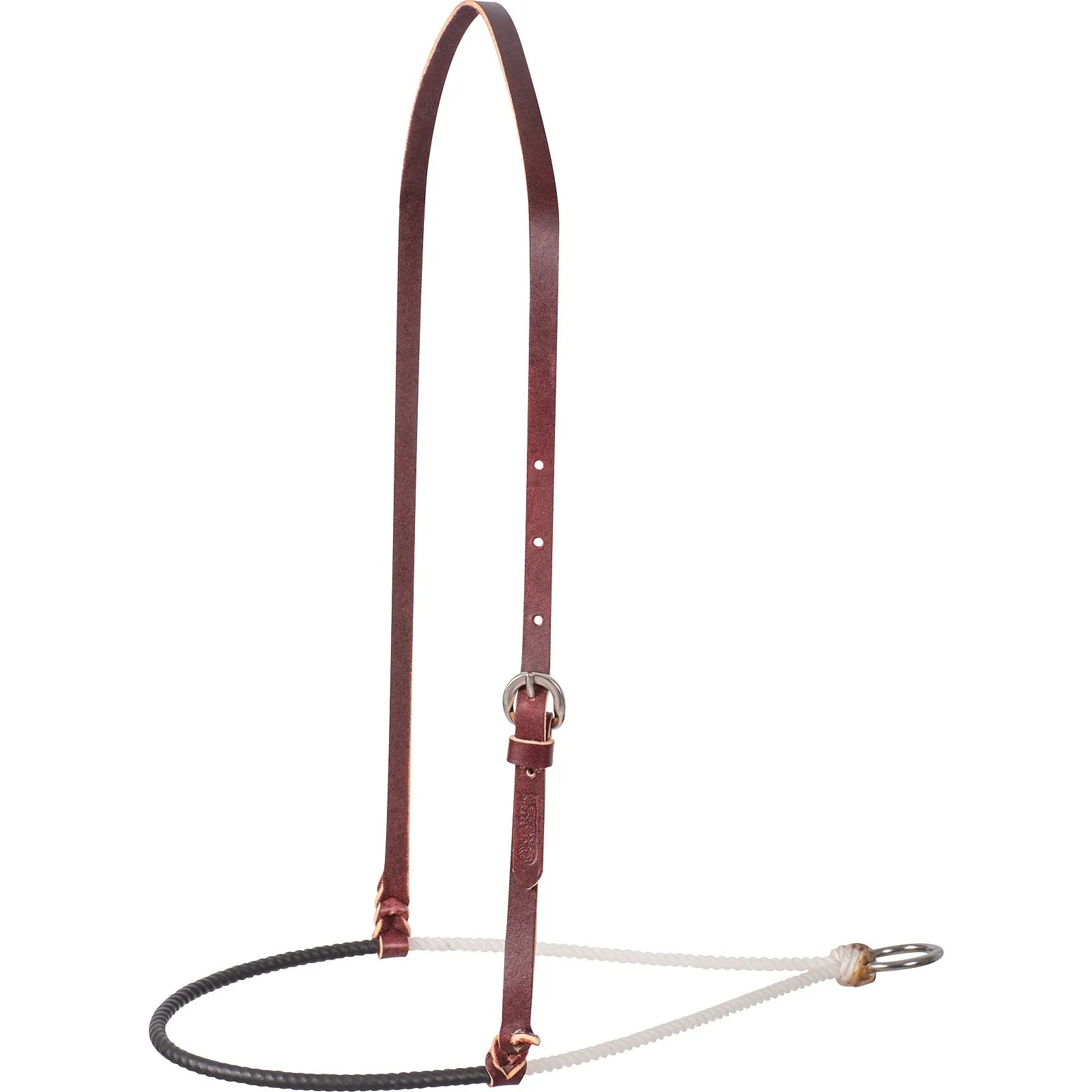 Martin Saddlery 3/16 inch Single Rope Noseband featuring a black shrink-wrapped nose piece for enhanced horse control. This high-quality western training aid includes a durable dark brown leather crown strap with an adjustable silver buckle and a white rope tie-back with a sturdy metal ring. Designed for precision communication and durability, this premium leather horse tack is essential for professional trainers and equestrian enthusiasts seeking better responsiveness.