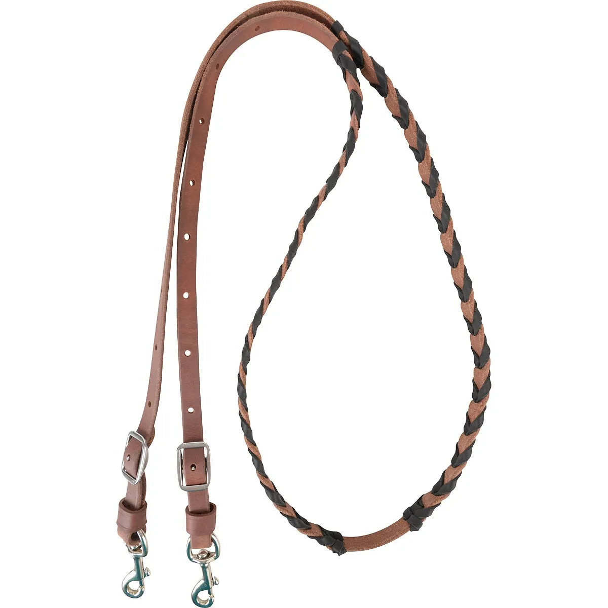 Martin Saddlery 3/4-inch Latigo Laced Barrel Rein crafted from premium brown leather with black lacing for a non-slip, secure grip. This adjustable western horse rein features durable silver Conway buckles and scissor snaps for quick bit attachment. Ideal for barrel racing and performance riding, these professional-grade horse reins combine functional performance with classic western style.