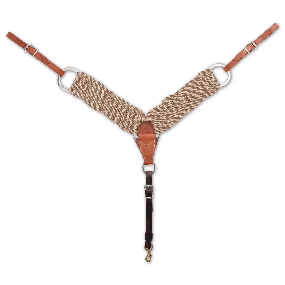 Martin Saddlery 3-inch Mohair-Alpaca Fiber Breastcollar in Natural. This high-quality western breastcollar features a blend of breathable mohair and alpaca fibers in a multi-toned brown and tan twist. It includes durable chestnut leather tugs, stainless steel hardware, and a dark brown leather center strap with a brass snap. Designed for horse comfort and saddle stability, this stylish piece of equestrian tack is perfect for trail riding, ranch work, or performance.
