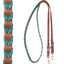 Martin Saddlery 5/8" Horse Harness Barrel Reins featuring rich brown leather intricately interwoven with vibrant turquoise lacing. These western barrel reins offer a decorative braided grip and high-quality craftsmanship. The set includes adjustable silver buckles and heavy-duty swivel snaps for secure attachment to the bit. Ideal for barrel racing, rodeo, or trail riding, these stylish reins combine durability with a pop of color for any horse tack collection.