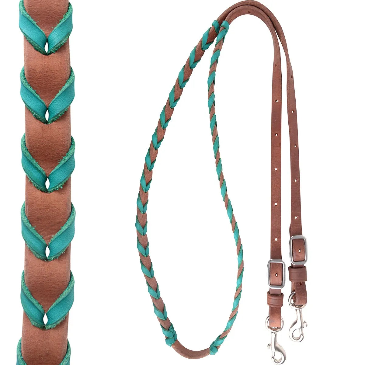 Martin Saddlery 5/8" Horse Harness Barrel Reins featuring rich brown leather intricately interwoven with vibrant turquoise lacing. These western barrel reins offer a decorative braided grip and high-quality craftsmanship. The set includes adjustable silver buckles and heavy-duty swivel snaps for secure attachment to the bit. Ideal for barrel racing, rodeo, or trail riding, these stylish reins combine durability with a pop of color for any horse tack collection.