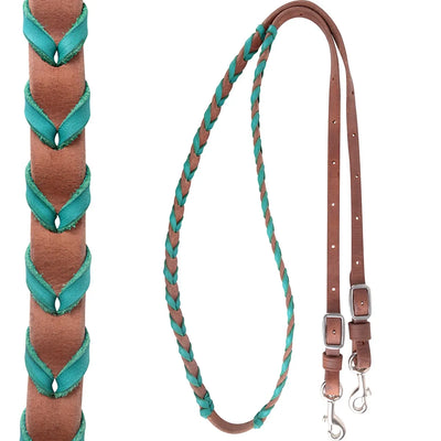 Martin Saddlery 5/8" Horse Harness Barrel Reins featuring rich brown leather intricately interwoven with vibrant turquoise lacing. These western barrel reins offer a decorative braided grip and high-quality craftsmanship. The set includes adjustable silver buckles and heavy-duty swivel snaps for secure attachment to the bit. Ideal for barrel racing, rodeo, or trail riding, these stylish reins combine durability with a pop of color for any horse tack collection.