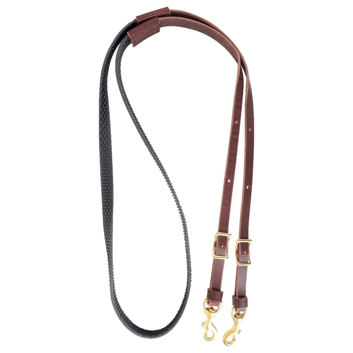 Martin Saddlery Barrel Reins featuring a 3/4 inch width with a combination of rich chocolate brown Latigo leather and black textured Biothane for a superior non-slip grip. These professional-grade horse reins are equipped with durable brass trigger snaps and adjustable buckles. Designed for barrel racing and performance riding, they provide ultimate control, comfort, and style for any equestrian.