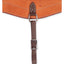 Martin Saddlery Biothane Hobble Strap in dark brown, featuring a durable, weather-resistant design with a stainless steel buckle and D-ring. Attached to a tan leather saddle with classic white stitching, this adjustable strap ensures a secure fit for your equestrian gear. Ideal for riders seeking reliable, low-maintenance horse tack for trail riding or ranch work in any weather condition.