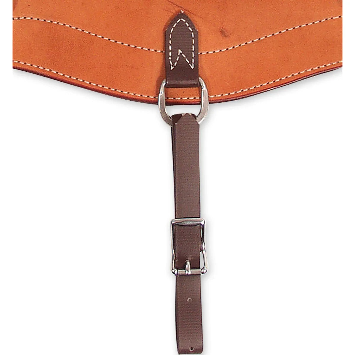 Martin Saddlery Biothane Hobble Strap in dark brown, featuring a durable, weather-resistant design with a stainless steel buckle and D-ring. Attached to a tan leather saddle with classic white stitching, this adjustable strap ensures a secure fit for your equestrian gear. Ideal for riders seeking reliable, low-maintenance horse tack for trail riding or ranch work in any weather condition.