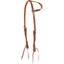 Martin Saddlery Blood Knot Slip Ear Headstall in rich brown premium leather with white contrast stitching. Features a braided single-ear loop and classic blood knot bit ties for easy bit attachment. This adjustable western horse headstall combines durability with traditional craftsmanship, making it a top choice for performance riders. High-quality equestrian tack perfect for ranch work, trail riding, or competition.