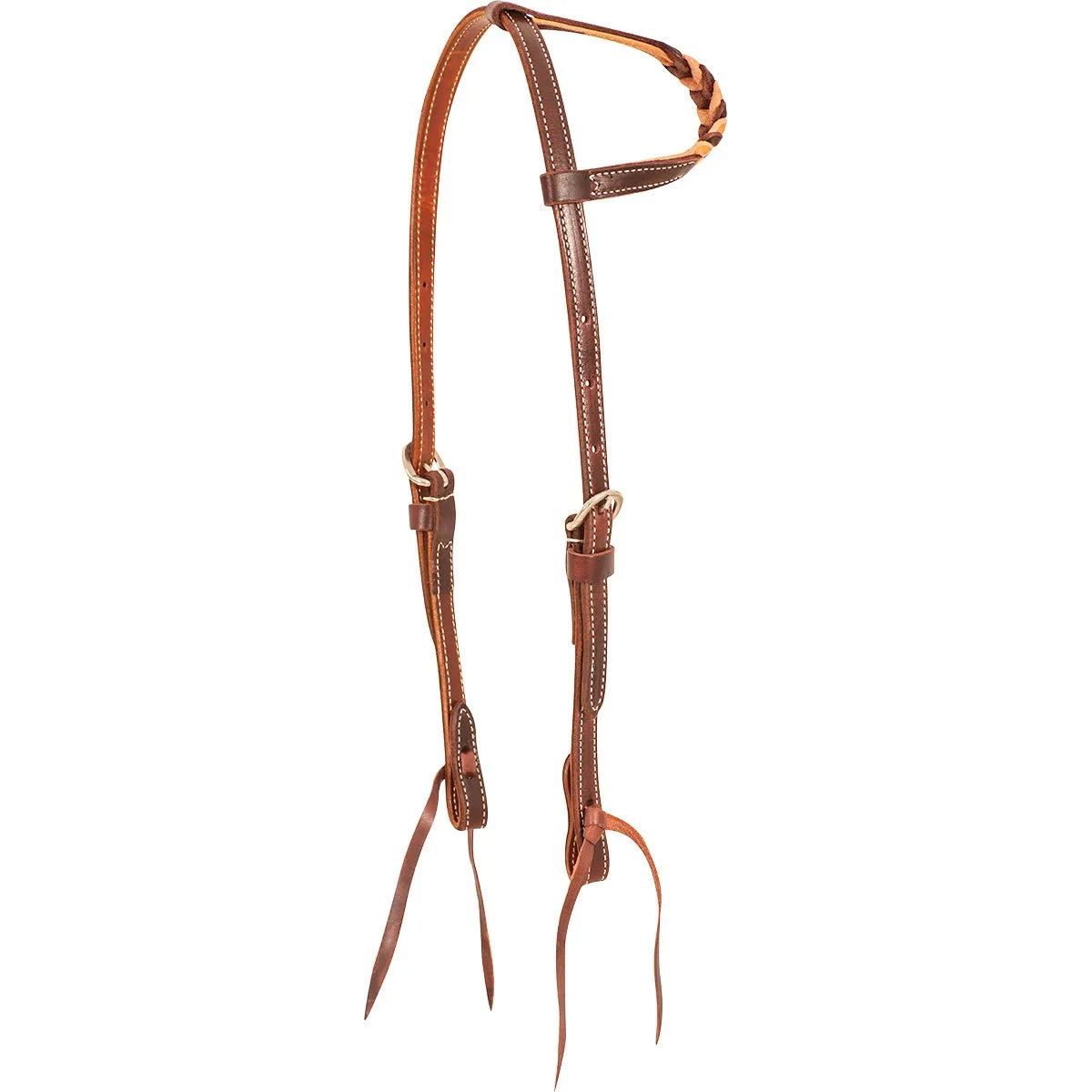Martin Saddlery Blood Knot Slip Ear Headstall in rich brown premium leather with white contrast stitching. Features a braided single-ear loop and classic blood knot bit ties for easy bit attachment. This adjustable western horse headstall combines durability with traditional craftsmanship, making it a top choice for performance riders. High-quality equestrian tack perfect for ranch work, trail riding, or competition.