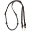 Martin Saddlery Braided Nylon Barrel Rein in black. This durable horse riding rein features a flat braided design with strategically placed knots for a secure grip during barrel racing. Equipped with adjustable conway buckles and heavy-duty swivel scissor snaps for easy attachment to the bit. High-quality equestrian tack designed for performance and control.