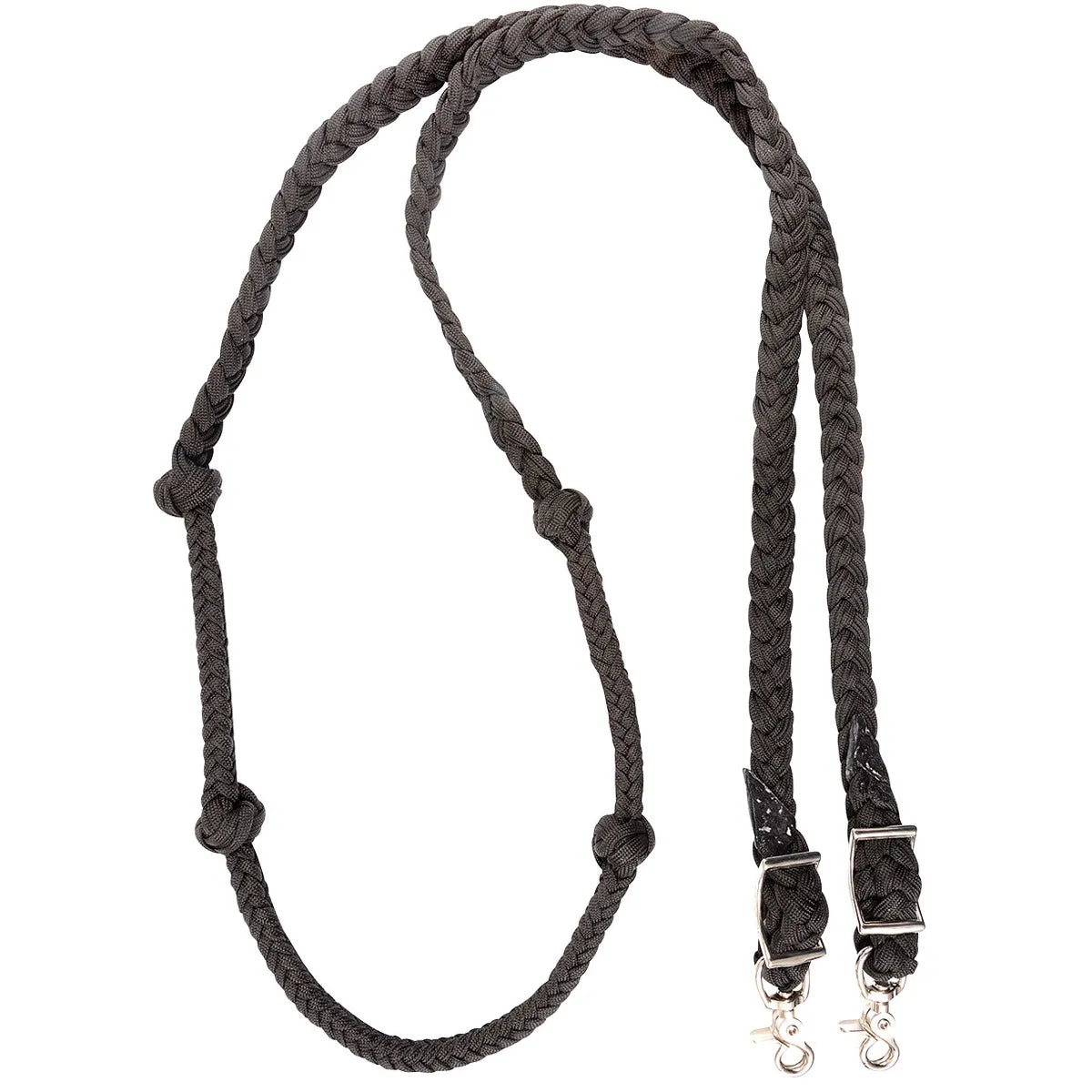 Martin Saddlery Braided Nylon Barrel Rein in black. This durable horse riding rein features a flat braided design with strategically placed knots for a secure grip during barrel racing. Equipped with adjustable conway buckles and heavy-duty swivel scissor snaps for easy attachment to the bit. High-quality equestrian tack designed for performance and control.