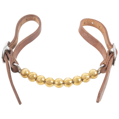 Martin Saddlery Brass Ball Curb Strap featuring ten polished brass balls for enhanced horse communication. This high-quality western horse tack includes adjustable natural brown leather straps with durable silver-toned buckles for a secure, custom fit. Designed for precision and style, it provides a refined alternative to traditional curb chains, perfect for western riders seeking improved responsiveness and clear signals in the arena.