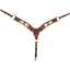 Martin Saddlery Card Suit Breast Collar in 2-3/4 inch chocolate leather featuring hand-painted four-of-a-kind aces. This premium Western horse tack includes dark roughout leather overlays, durable stainless steel hardware, and adjustable tug straps. A stylish choice for barrel racing, rodeo, or western show performances. High-quality dark brown leather breastplate with unique gambler-themed artwork and a brass snap-end center strap.